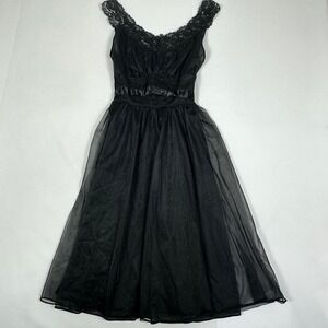Vintage Vanity Fair Tricot Nylon Black Lace Sheer Nightgown Lingerie Sz 32